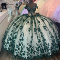 Green Corset 3D Flowers Luxury Quinceanera Dress Off The Shoulder Ball Gown Charro Mexican Dress Wedding vestido de quince