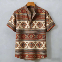 Boho Aztec Diamond Print Short Sleeve Shirt - Stand Collar Henley Casual Wear for Vacation