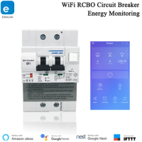 Smart RCBO 2P WiFi Circuit Breaker Power Monitoring Shortcut Leakage Protection Smart Breaker Alexa Compatible Lan Control