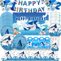 Shark Party Supplies Blue Ocean Tableware Set For Boys Birthday Baby Shower Plate Cup Tablecloth Banner Balloon Party Decoration