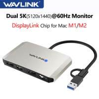 WAVLINK USB 3.0/USB C to DisplayPort/HDMI Display Adapter Dual 5K@60Hz Monitor Hub For Mac M1 M2 Windows DisplayLink DL6950 Chip