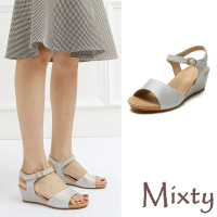 【MIXTY】坡跟涼鞋 魚口涼鞋/歐美復古金屬亮皮拼接魚口露趾坡跟涼鞋(銀)