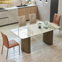 FSUBEST Luxury Rock Slab Kitchen Dining Table And 6 Chairs Set Stainless Steel Bronze Base Faux Marble Top Tables Moveis Casa
