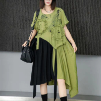 XITAO Asymmetrical Female Dress Contrast Color Patchwork Folds Drawstring Flower Decorate Dress 2024 Summer New Women WLD20165