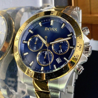 【BOSS】BOSS伯斯男錶型號HB1513767(寶藍色錶面金色錶殼金銀相間精鋼錶帶款)