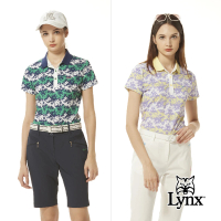 【Lynx Golf】女款吸排抗UV花草剪影印花三色織帶翻領設計短袖POLO衫/高爾夫球衫(二色)