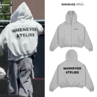 [R] Áhoodie zip boxy WHENEVER ATELIER BASIC ZIP UP, ákhoác hoodie nỉ Whenever màu xám, vải bông cao 