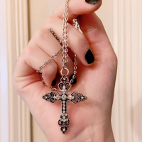 Gothic, Silver, Rhinestone cross pendant, Cross, Pendant, Necklace, 27 inch necklace, y2k Cross Necklace