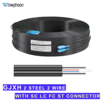 Outdoor Fiber Optic FTTH Drop Cable Patch Cord with LC SC FC ST Connector, 2 Core, GJXH SM, G657A, LSZH, 100m, 2 Steel Wire