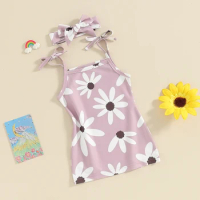 Kid Girl 2 Piece Summer Outfits Square Neck Tie Up Spaghetti Strap Floral Dress + Flower Print Headband Toddler Girl Dress