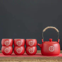 Chinese Style Ceramic Filter Tea Pot Set, Household Tea Pot and Cup Set, Red Teaware Gifts, Wedding, A Pot of Eight Cups