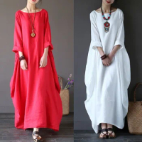 Vintage Dresses Summer 2020 Meditation Robe Vintage Femme Casual Loose Soild Color Sundress Maxi Vietnam Traditional Dress 11319