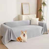 MYSKY HOME Light Gery Chenille Sofa Cover for Dogs Cats Tassel Edge Couch Cover Furniture Protectors
