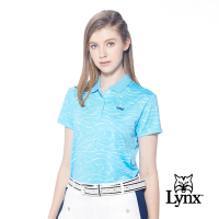 【Lynx Golf】女款吸溼排汗機能羅紋領設計滿版水波圖樣印花短袖POLO衫-淺藍色