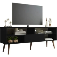 TV Stand with 1 Door, 4 Shelves for TVs up to 65 Inches, Wood Entertainment Center 23'' H x 15'' D x 59'' L, (Black) TV Stand