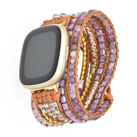 Natural Amethyst Gemstone Strap For Fitbit Versa 4 3 2 1 Band Bohemian Beads Rope Wristband For Fitbit Versa Lite/Fitbit Sense 2