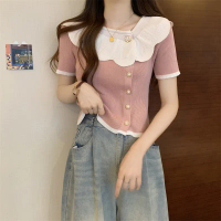 Cocoshop-Áo Thun Dệt Kim Ngắn Tay Cho Nữ, Áo Ngắn Mỏng Thanh Lịch Kiểu Pháp Có Nối Cúc Mới, Thiết Kế