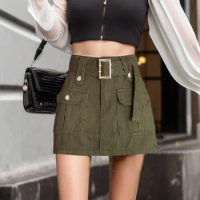 Women Streetwear Korean Y2k Gyaru High Waist Mini Skirt With Belts Short Culotte Big Pocket Grunge A-Line Cargo Skirts Clothes