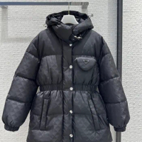 2023 Autumn/Winter New Customized Dark Pattern Logo Triangle Bag Jacquard Nylon Hooded Waistband Eider Down Long sleeved Coat