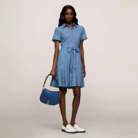 【Tommy Hilfiger】官方旗艦館 絲巾圖案百褶襯衫洋裝_藍色