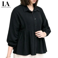 Leona Apparel - Sela Atasan Wanita Kemeja Blouse Oversize Linen One Size Hitam