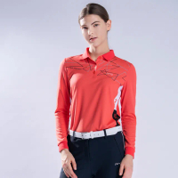 【PING】女款科技線條印花薄長袖POLO衫-紅(吸濕排汗/抗UV/GOLF/高爾夫球衫/RA22209-18)