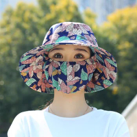 New Women's Retro Floral Hat for Summer Dustproof UV Fishing Hat Sun Resistant Sun Shading Mask Integrated Breathable Sun Hat
