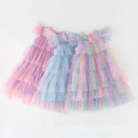 2024 Summer New Girls Party Dress Rainbow Sequin Birthday Princess Costumes For Kids Baby Holiday Beach Mesh Cake Clothes 3-8Yrs