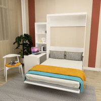 Queen Size Vertical Murphy Bed with Shelf and Drawers White Wall Bed Space Saving Hidden Bed with New Style Gas Struts