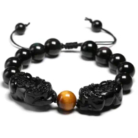 Natural Stone Black Obsidian Bracelet Can Adjustable Double Pixiu Bracelets Lucky Charms Women And Men