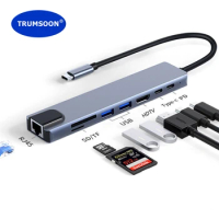 Trumsoon USB C Hub to RJ45 Lan 4K HDMI-Compatible Type C PD USB 3.0 2.0 SD TF for MacBook iPad Samsung S21 Dex HDTV Projector