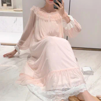 New Nightgown For Women Lace Sexy Long Sleeve Nightdress Fairy Palace Style Sleepwear Womens Nightwear Lingerie Pajama Plus Size
