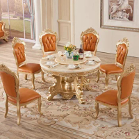 European Marble Dining Table Chair Combination All Solid Wood Carved 6-8 People Dining Room Round Dining Table Apartment Home