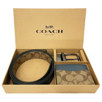 COACH 經典C LOGO男款雙面用寬版皮帶卡夾禮盒(焦糖/藍)