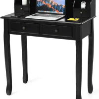Small Writing Desk w/ Removable Hutch, 2-Tier Vanity Table w/ 4 Drawers, 3 Cubbies &amp; Pine Wood Legs, Study Computer Desk (Black)