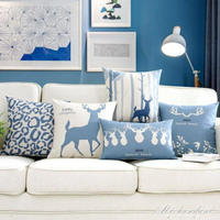 買一送一 藍色麋鹿北歐棉麻布藝抱枕套美式客廳沙發靠墊辦公室抱枕靠枕腰靠 聖誕節禮物