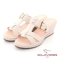 【CUMAR】復古厚底坡跟鞋魚骨T字涼拖鞋-米色