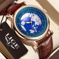 LIGE Creative Blue Planet Earth Quartz Man Watch Business Leather Luminous Wristwatch Fashion Watch for Men Male Clock Watches