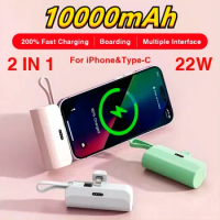 10000 mAh Mini Power Bank Large Capacity Fast Charging Built In Cable Powerbank Emergency External Battery for Iphone Xiaomi