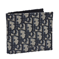 DIOR 經典Oblique提花帆布內襯裡小牛皮摺疊零錢袋短夾(藍)