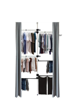 Set of 3 hanging rails, 2 trouser racks, 2 cloth bags, with curtain rails and curtains สีขาวข้อต่อดำ