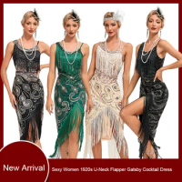 Women 1920s Vintage Big U-Neck Flapper dress Great Gatsby Party Cocktail Dress Costume Sexy Ladies 20s Fringe Dress