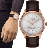 TISSOT天梭 官方授權 杜魯爾系列 典雅機械腕錶-棕x玫瑰金 禮物推薦 畢業禮物 39mm/T1398073603100
