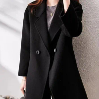 2022 Women Woolen Casual Black Blazer For Autumn And Winter Office Suit Coat Long Sleeve Button Korean Female Blazers Jacket