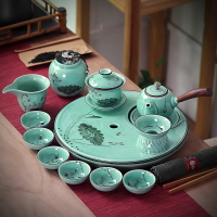 龍泉青瓷功夫茶具套裝陶瓷圓形茶盤整套茶壺茶杯蓋碗辦公家