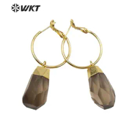 WT-MPE036 Unique Cabochon Chunky Natural Smok Quartz Stone Hollow Design Earrings Gold Electroplated Faceted Drop Shape Decorate