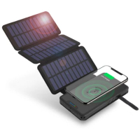 Foldable Solar Panel Power Bank for Samsung Xiaomi 14 iPhone Wireless Charger Waterproof Powerbank 20000mAh Mobile Phone Charger