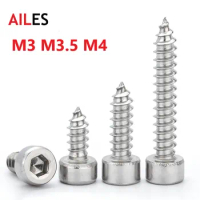 M3 M3.5 M4 Self Tapping Allen Hexagon Socket Cap Head Screws 304 Stainless Steel 6 8 10 12 14 20 30 40 50mm Length