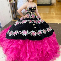 Black Mexican Quinceanera Dresses 2020 Embroidery Ball Gown Prom Dress Sweetheart Organza Tiered Ruffles Sweet 16 Dress