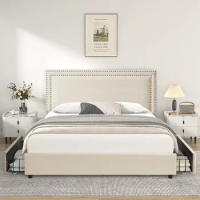 Queen Size Upholstered Platform Bed Frame with 4 Storage Drawers, Adjustable Velvet Rivets Headboard, Wooden Slats Support